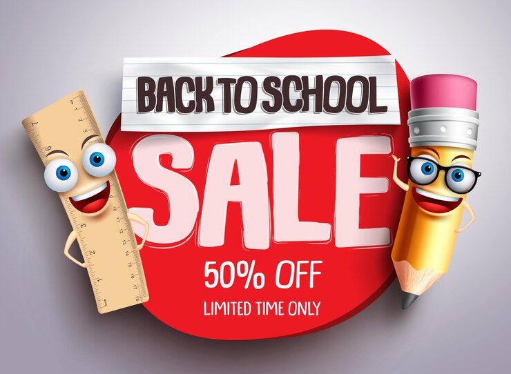 Vector back to school sale vector banner with funny school characters and red sale text in white background