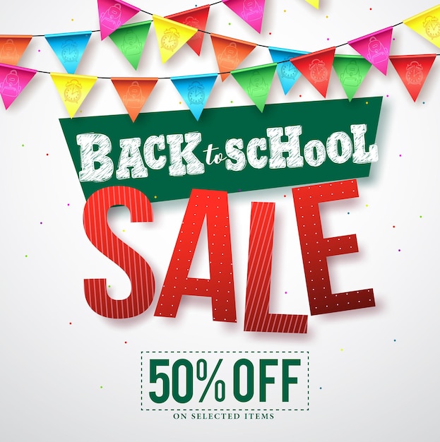 Back to school sale vector design with colorful streamers and confetti hanging in white background