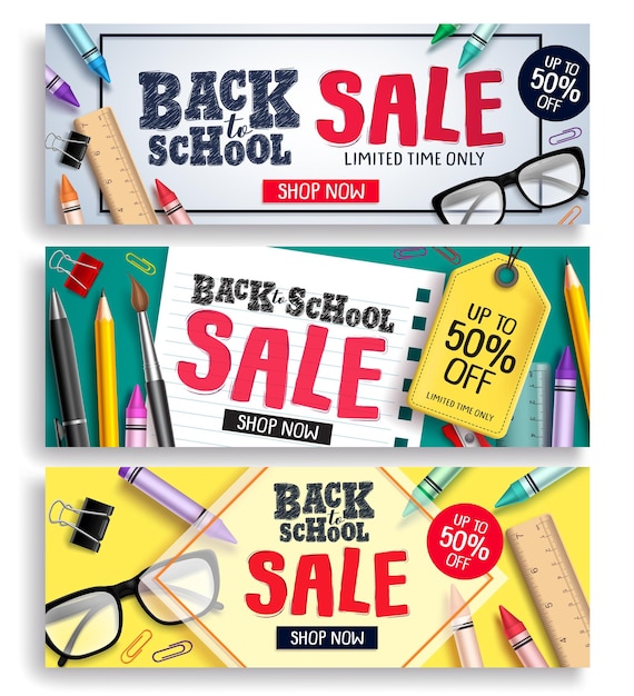 Vettore set di banner web vettoriali per la vendita di ritorno a scuola testo di sconto in vendita con elementi ed elementi colorati