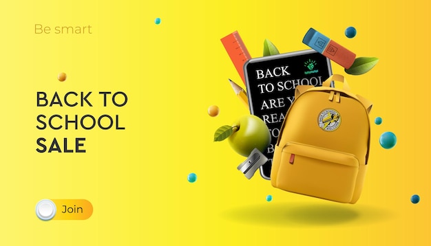 Back to school Sale web banner yellow backpack with apple and school supplies vector illustration