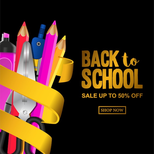 Back to school sale with golden ribbon and text