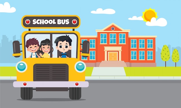 学校に戻る。学生イラストのスクールバス