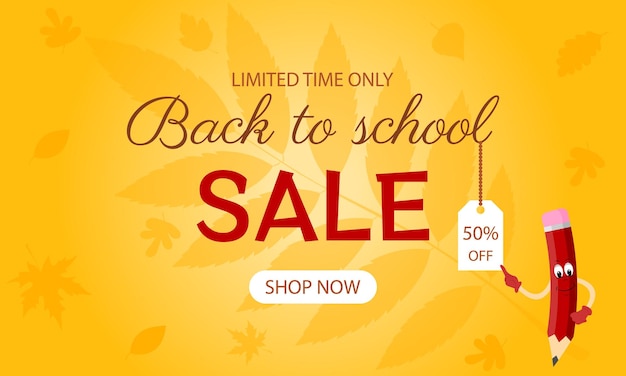 Back to school.School sale banner.Vector illustration with funny school character and autumn leaves.