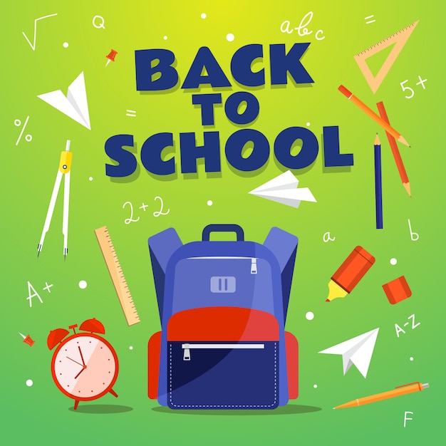 Back to School.  School supplies: backpack, clock, compass, pen, pencil, marker, triangle, numbers. illustration.