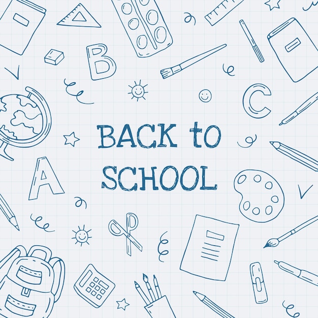 back to school school supplies hand-drawn doodles on a notebook page in a cage banner greeting card