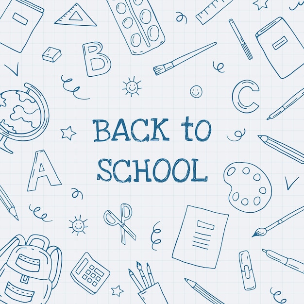 Back to School School supplies Hand-drawn doodles on a notebook page in a cage Banner Greeting card