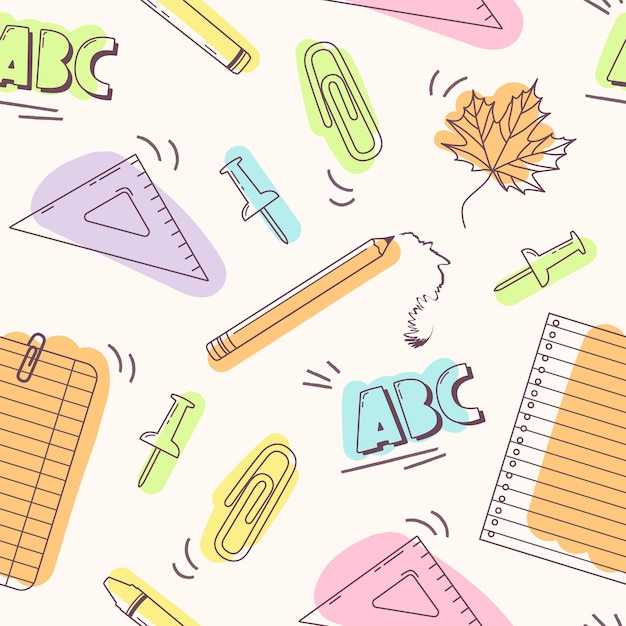 Back to school seamless pattern. Line art doodle illustration with school supplies. Pins, clips, map