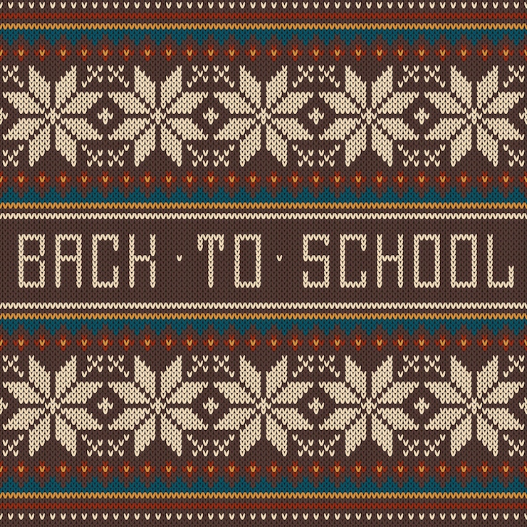 Vector back to school seamless pattern ornament on the wool knitted texture