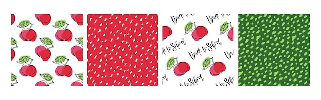 back to school seamless pattern set with apple fruit sketch and abstract geometric shapes set of four hand drawn calligraphy quote repeated prints for textile wrapping paper wallpaper packaging