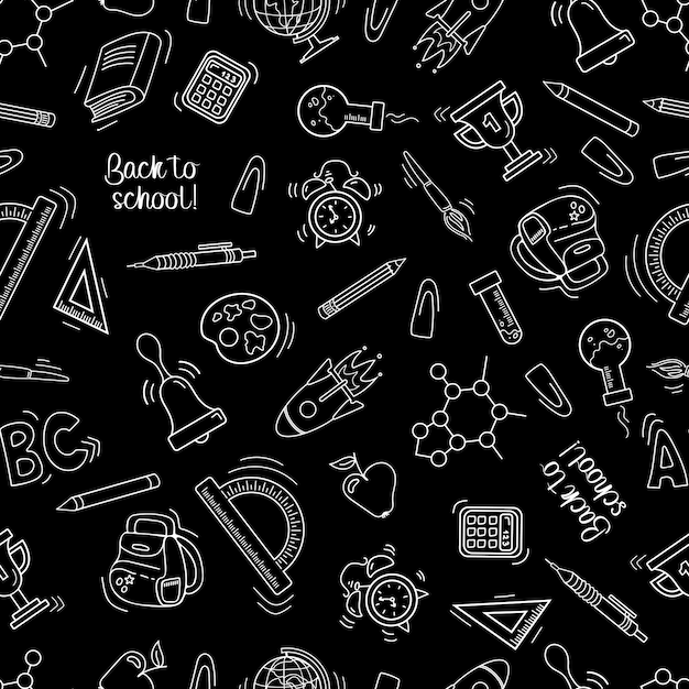 Back to school Seamless pattern in sketch style Chalk drawings on the blackboard Writing utensils pens pencils and rulers For wallpaper printing on fabric wrapping