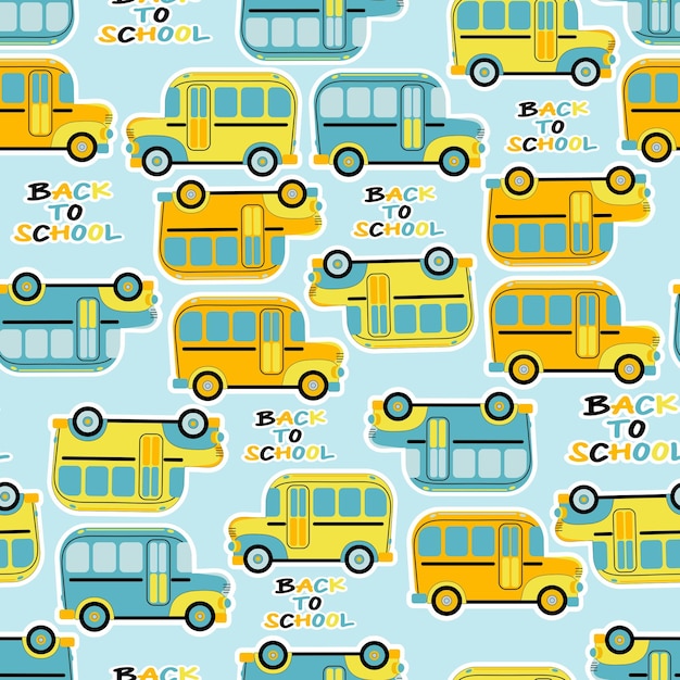 Back to school seamless pattern with school bus on a blue background endless tileable vector