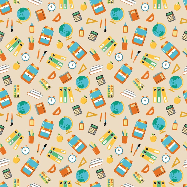 Vector back to school seamless pattern with school elements handdrawn flat style