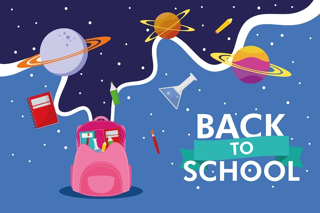 Back to school season with schoolbag and space icons vector illustration design