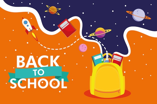 Back to school season with schoolbag and space icons vector illustration design