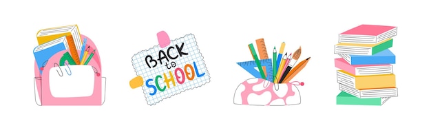 Back to school set backpack with books pencil box with writing supplies rulers stack of textbooks education concept vector illustration isolated on white background