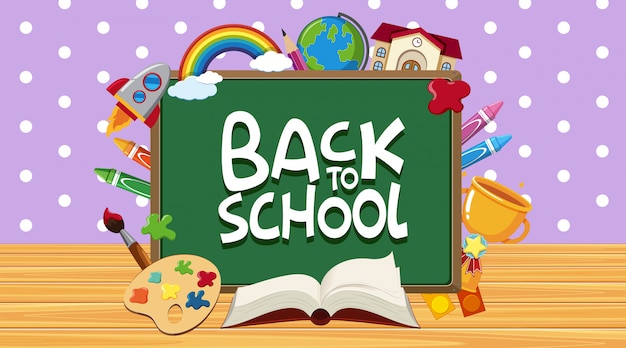 Back to school sign with board and school items