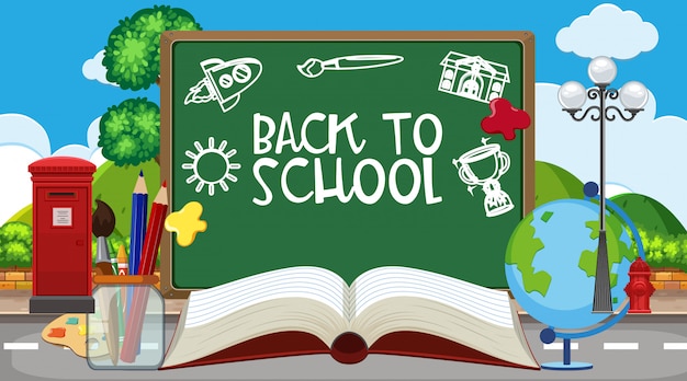 Back to school sign with many school items