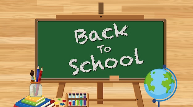 Back to school sign with many school items