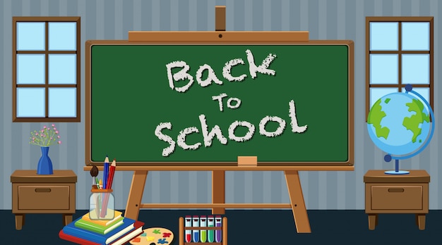 Vector back to school sign with school items in classroom