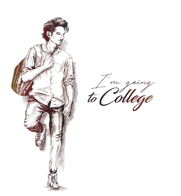 Back to school sketch of college student holding bag on isolated white background