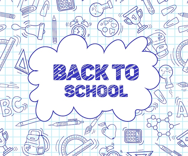 back to school sketch style banner a sheet from a notebook with drawings writing utensils pens pencils and rulers backpack globe for posters postcards design advertising banner sale flyer