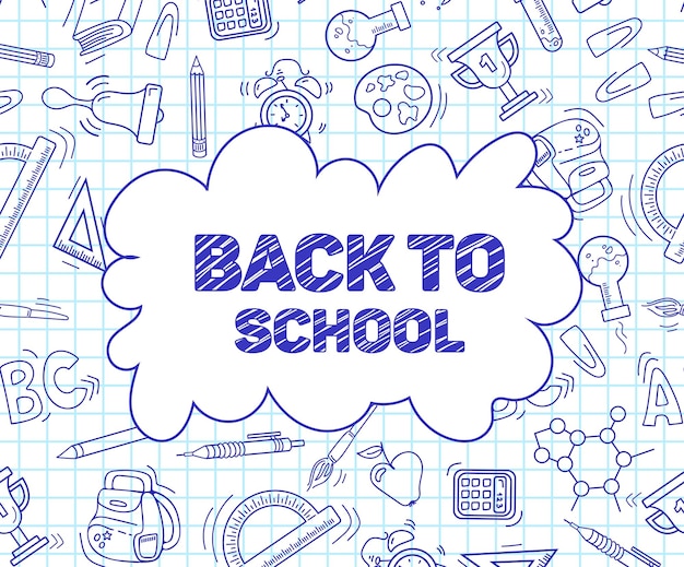 Back to school Sketch style banner A sheet from a notebook with drawings Writing utensils pens pencils and rulers Backpack globe For posters postcards design advertising banner sale flyer