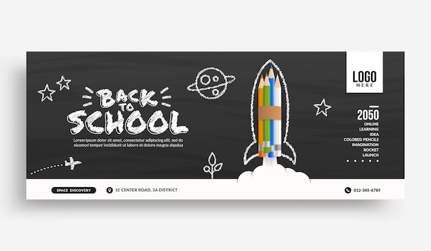 Vettore torna a scuola modello di banner di copertina dei social media, razzo di matite colorate che si lancia nello spazio