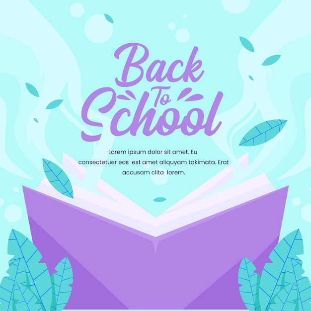 back to school social media greeting with book cartoon illustration