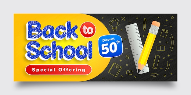 Torna a scuola offerta speciale modello di banner sconto, blu, giallo, bianco, nero, rosso, effetto testo, sfondo