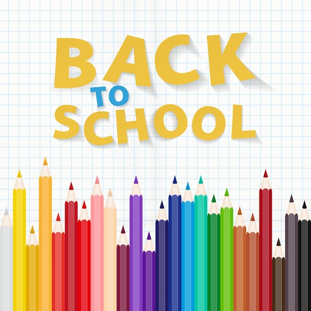 Vector back to school square illustration concept colorful wooden pencils on square lined paper