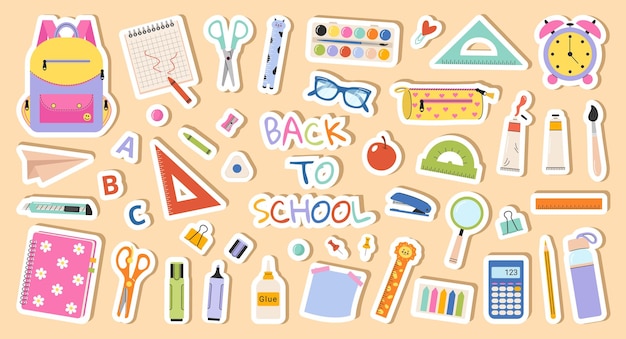 Back to school stickers vector set of cartoon school supplies isolated