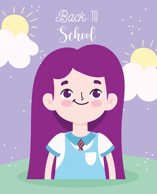 다시 학교로, 학생 소녀 초등 교육 만화 포스터 벡터 일러스트 레이션