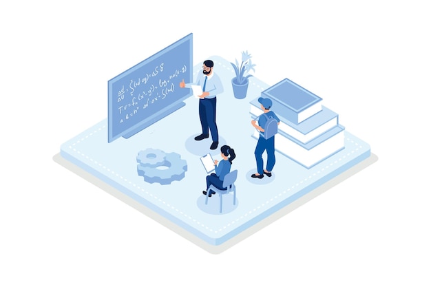 Vector back to school students studying lessons isometric vector modern illustration