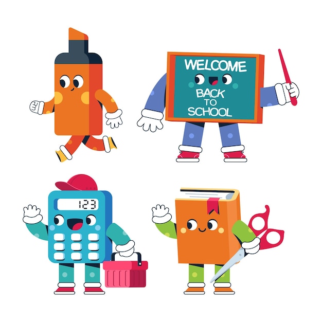 Back to school supplies funny characters vector cartoon set