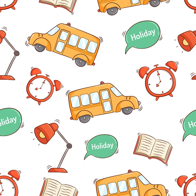 Back to school supplies icons in seamless pattern with colorful doodle style