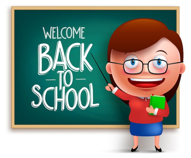 Back to school teacher funny 3D vector character wearing eyeglasses teaching in a blackboard