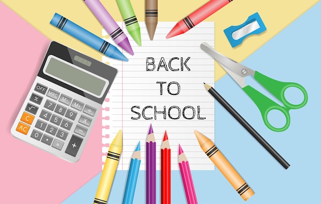 Back to school text on notepaper with school supplies on pastel color background flat lay vector illustration