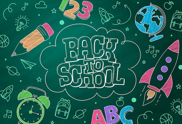 Vector back to school text vector background hand drawn typography with educational icons and symbols