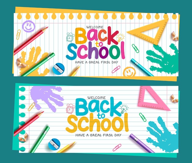 Vettore back to school text vector banner set design welcome back to school saluto in testo colorato