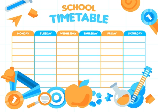 Vector back to school time table template with cute illustration