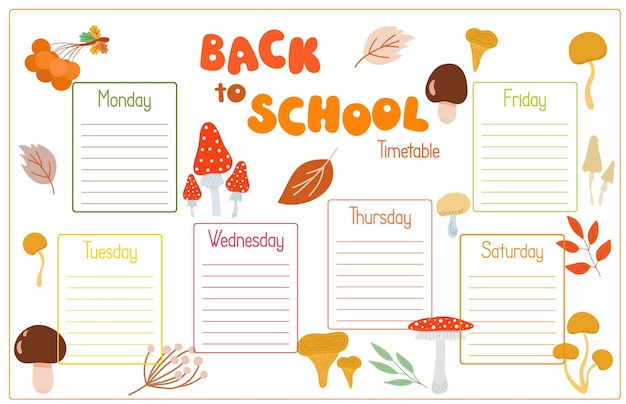 Back to School timetable decorated with autumn forest elements blank template weekly planner