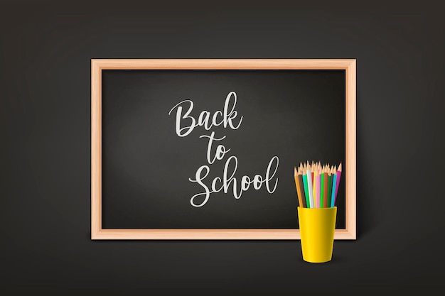 Back to School Vector 3d Realistic Black Chalkboard Wooden Frame and Cup with Pencils Chalkboard Design Template Banner Board for Classroom Front View