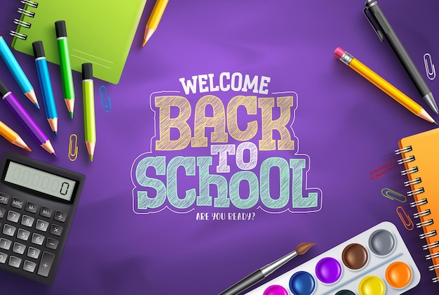 Back to school vector background design Welcome back to school text in purple space with school