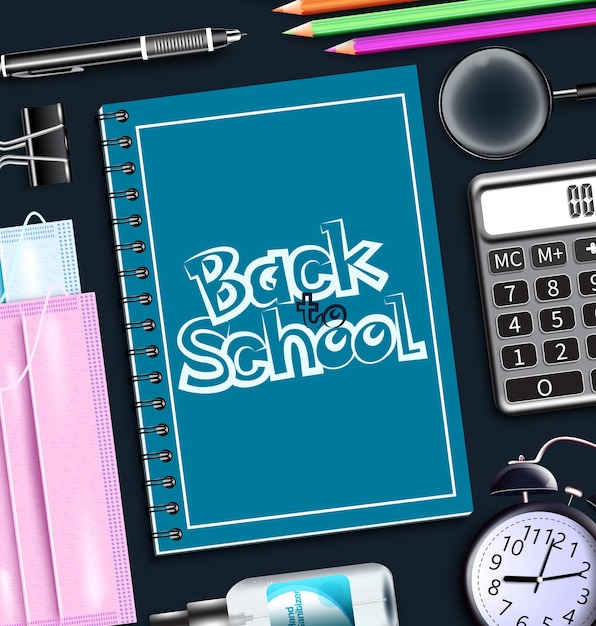 Back to school vector banner background. back to school text in notebook element with covid-19.