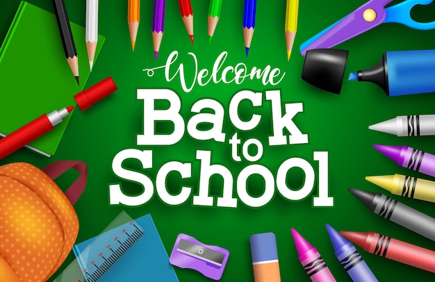 Vector back to school vector banner background. welcome back to school text with colorful education.