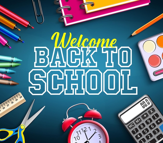 Back to school vector banner background. Welcome back to school text with educational tools.