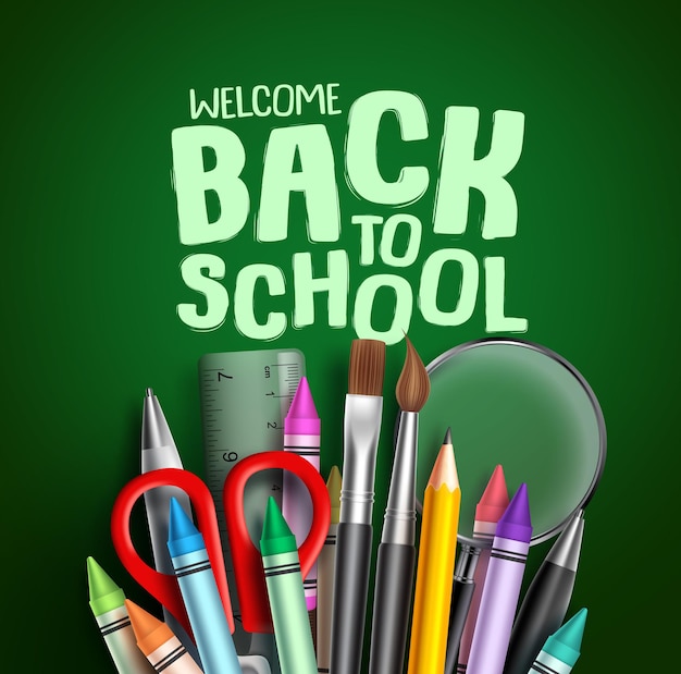 Back to school vector banner design welcome back to school greeting text with colorful school items