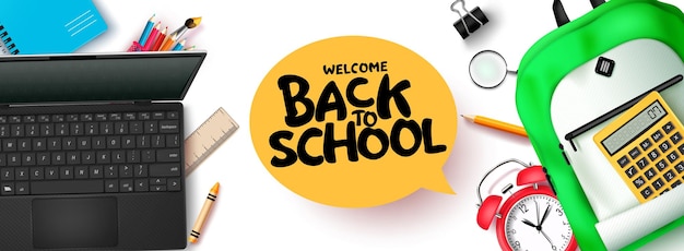 Back to school vector banner design Welcome back to school greeting text with laptop schoolbag