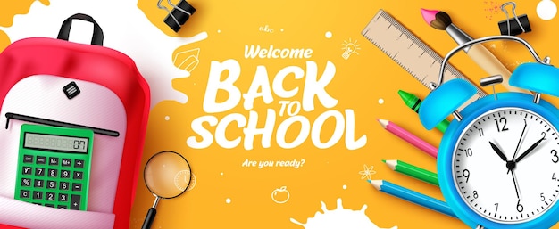 Back to school vector banner design Welcome back to school text in yellow space with alarm clock