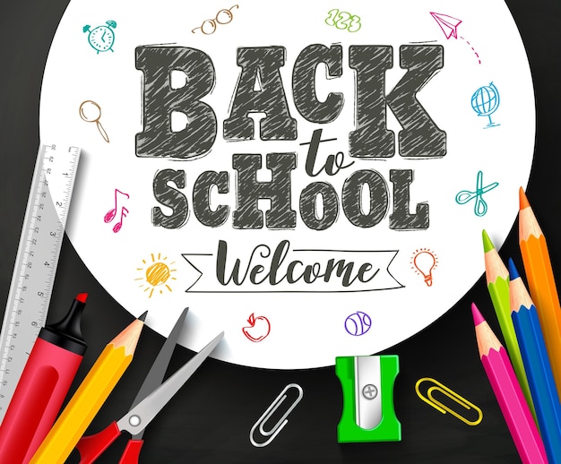 Back to school vector banner design with drawing and typography by crayons in white background